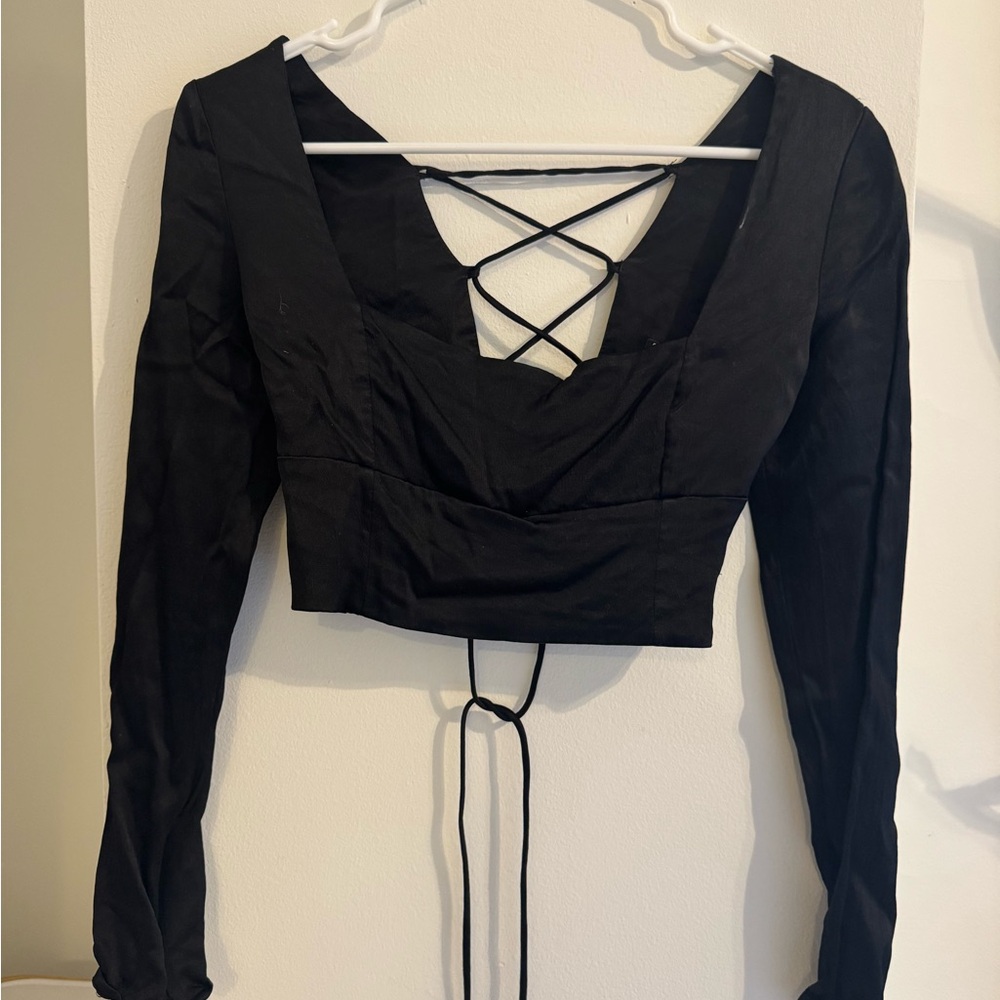 Elegant Satin Black Lace-Up Women's Top